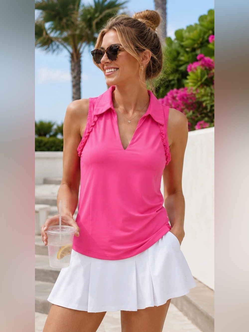Lilly Pulitzer Luxletic Martina Sleeveless Polo Top Pink Shandy UPF 50+ Large - Picture 2 of 5